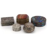 Five antique and later patch boxes, and pillboxes, some silver, including one Chinese Canton