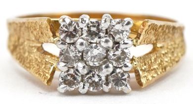 18ct gold diamond square cluster ring, each diamond approximately 2.40mm in diameter, size P, 4.8g :