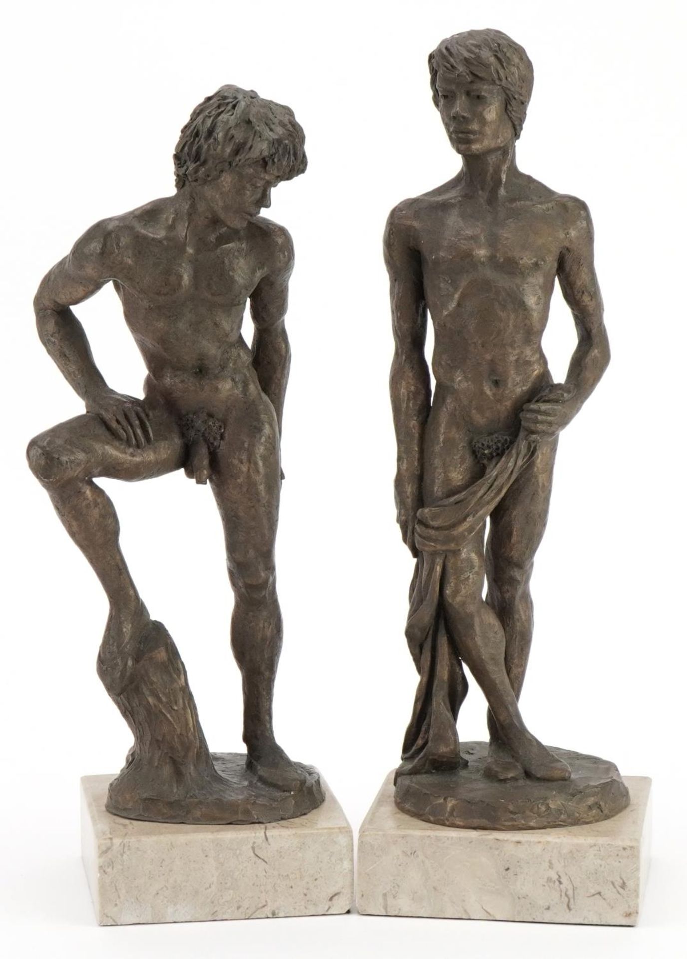 Neil Godfrey 1988, pair of contemporary cold cast bronze figures of standing nude males raised on