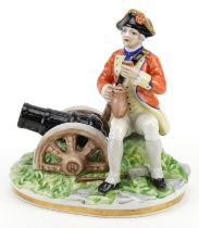 Naples porcelain figure of a Napoleonic soldier sitting beside a cannon, 17.5cm wide : For further