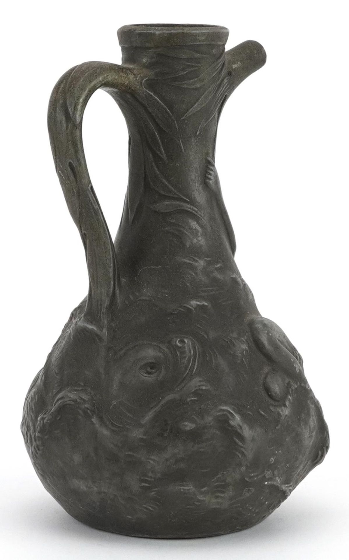 Jean Garnier, French Art Nouveau pewter jug decorated in relief with a nude female and two - Image 2 of 4