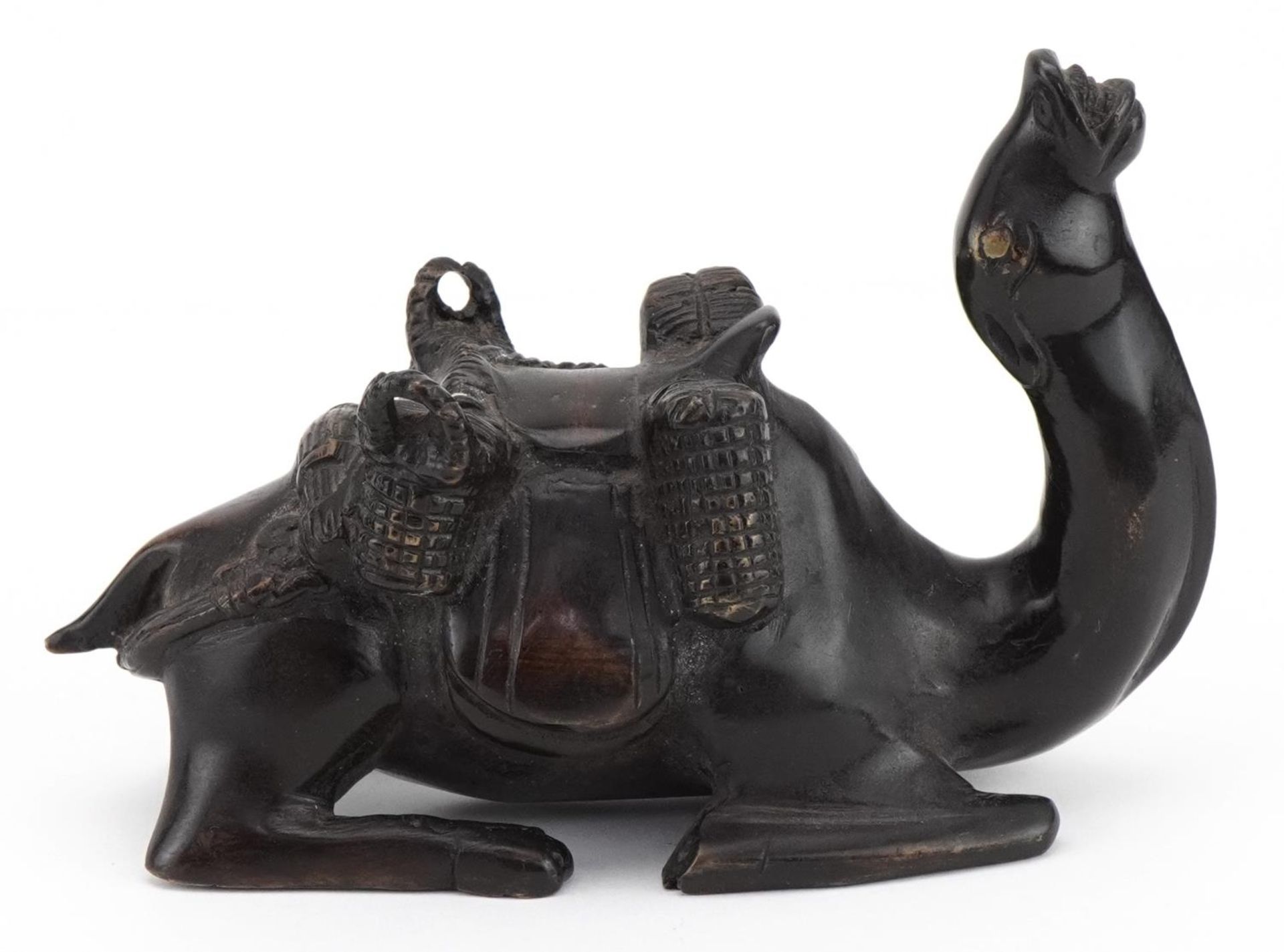 Patinated bronze recumbent camel with saddle bag, 19cm in length : For further information on this - Image 4 of 7