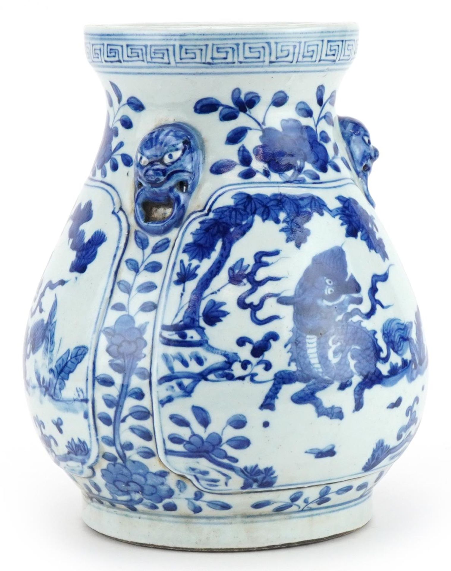 Chinese blue and white porcelain vase with three animalia ring turned handles hand painted with - Image 2 of 7