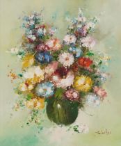 Tan Devilles - Still life flowers in a vase, Impressionist oil on canvas, mounted and framed, 60cm x