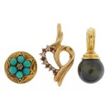 Gold jewellery comprising 18ct gold Tahitian pearl pendant, 9ct gold diamond and ruby love heart