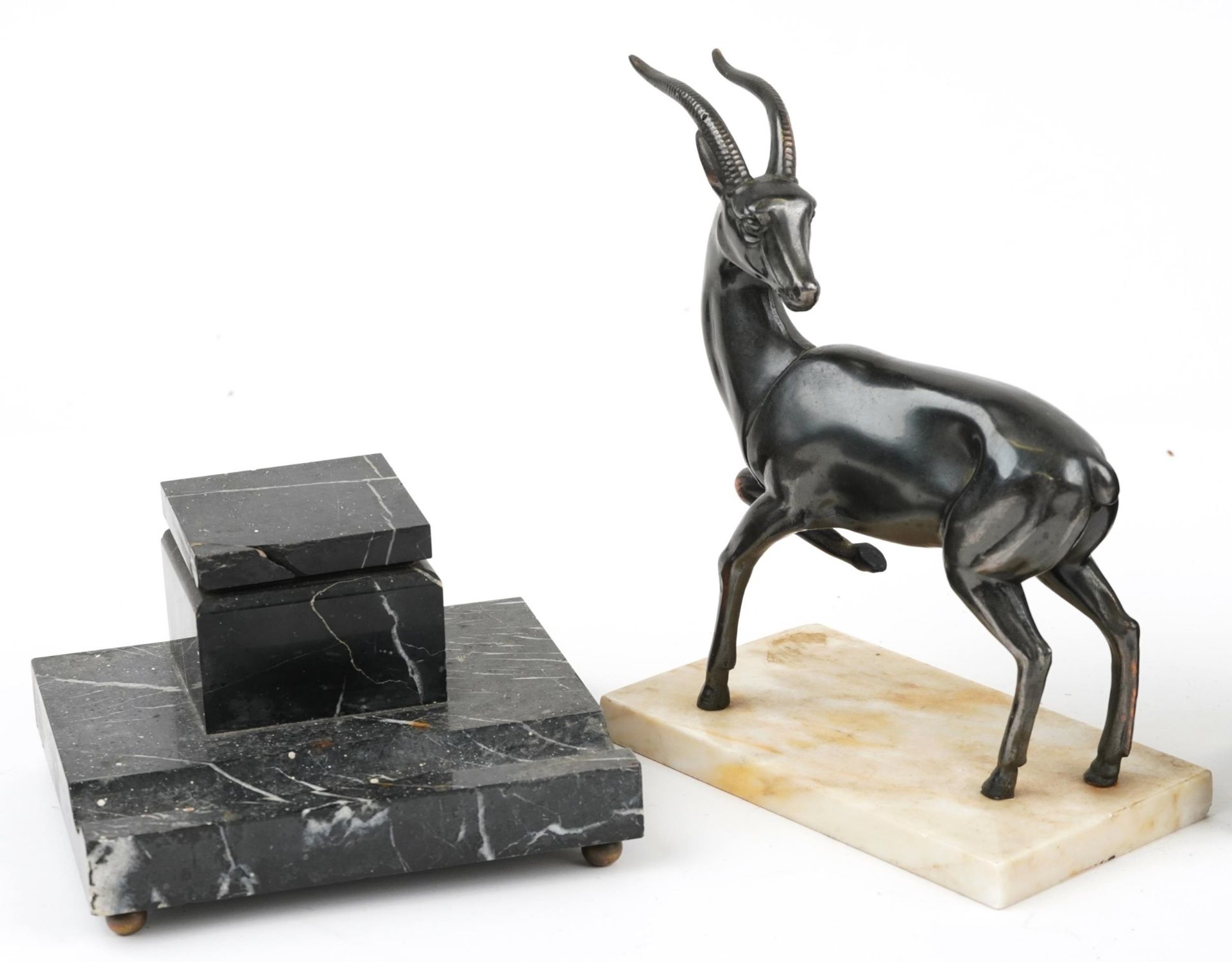 Art Deco style marble including bronzed gazelle sculpture, pair of book design bookends and inkwell, - Image 2 of 4