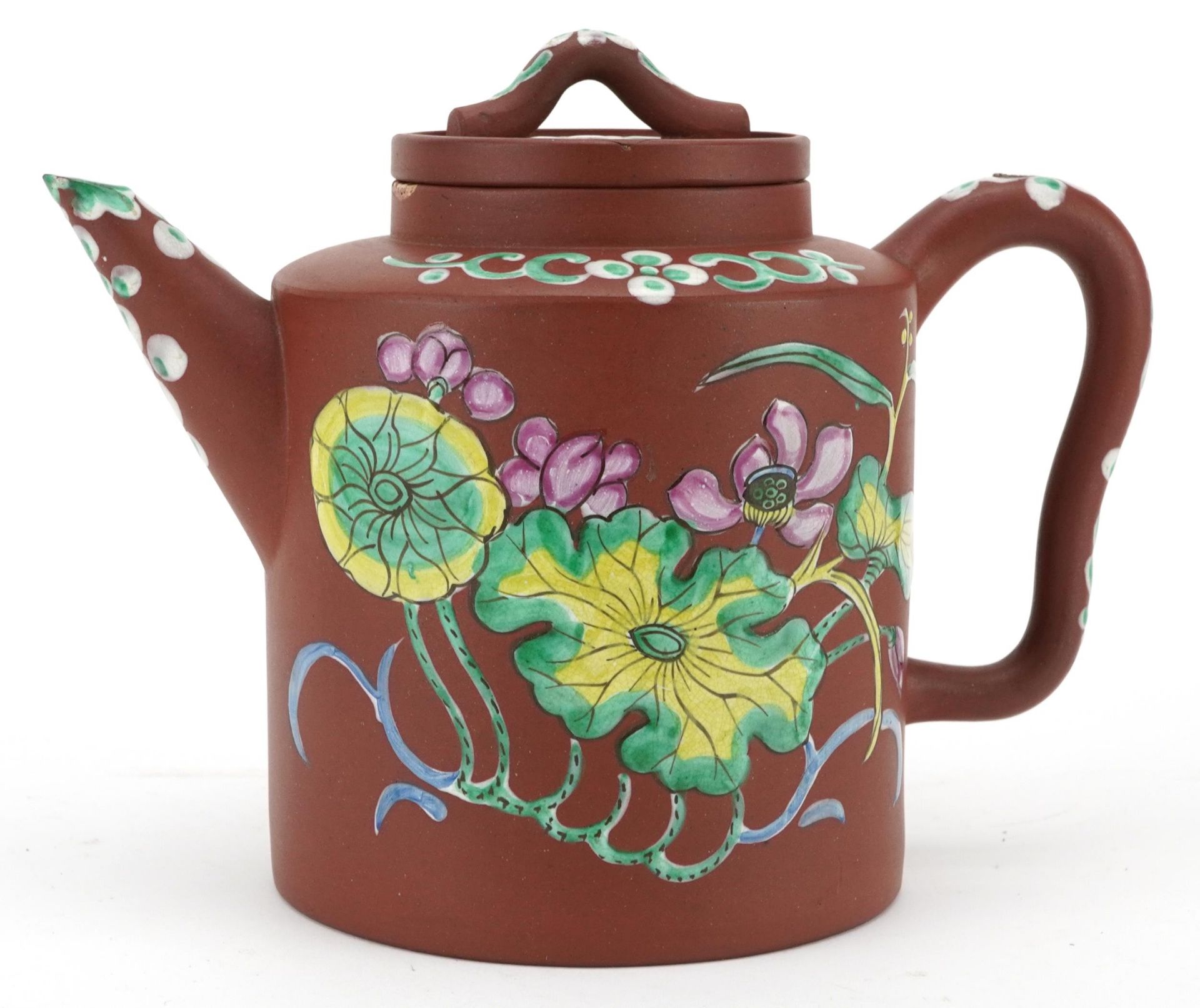 Chinese Yixing terracotta teapot enamelled with flowers, incised character marks to the base, 18.5cm - Image 3 of 8