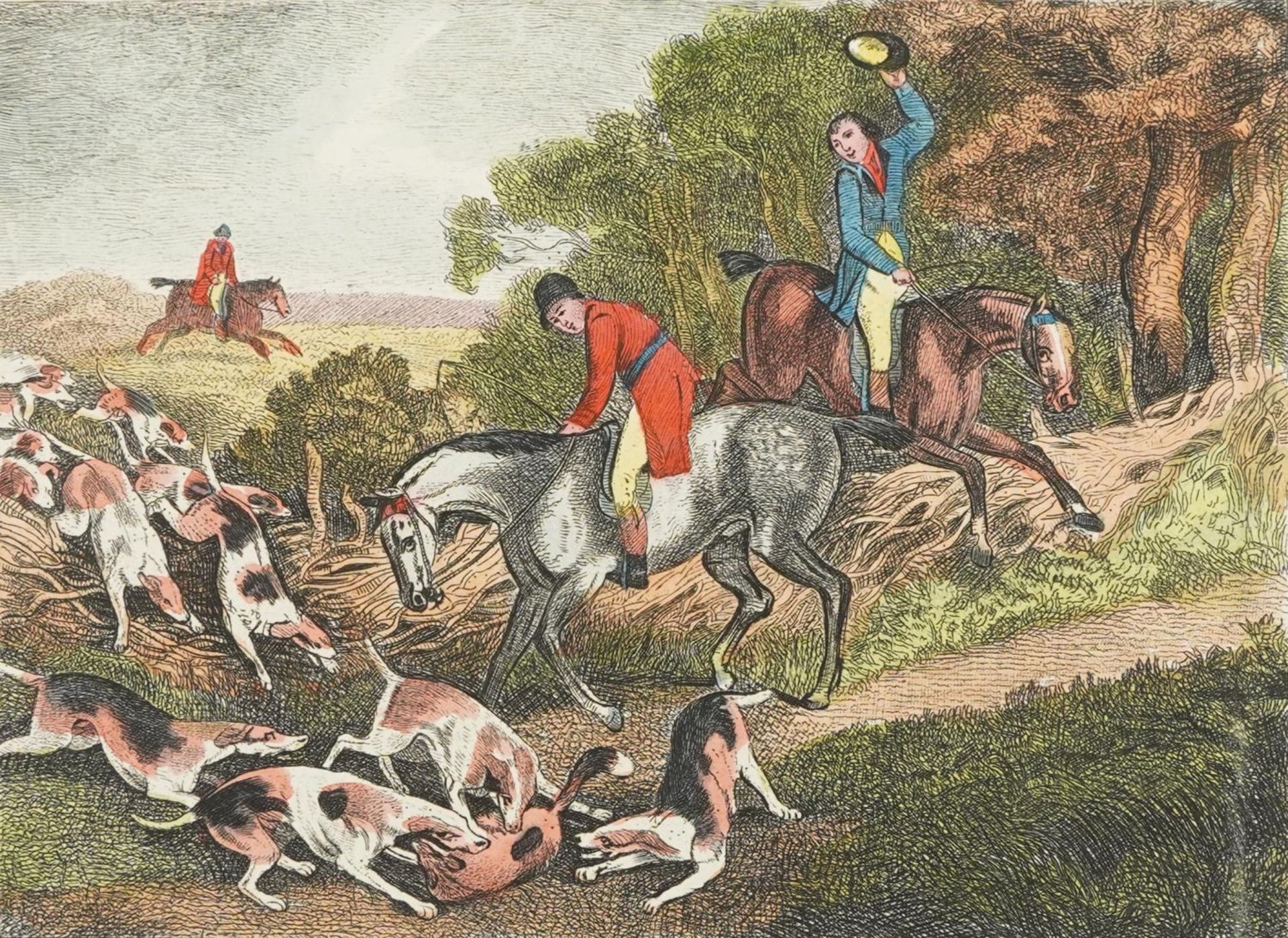 Foxhunting P5 and P6, two 18th century coloured engravings, unframed, each 29.5cm x 27.5cm : For - Image 6 of 9