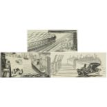 Edward Bawden - Boats and Locomotive, three wood engravings, inscribed In Signature III 1936