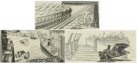 Edward Bawden - Boats and Locomotive, three wood engravings, inscribed In Signature III 1936