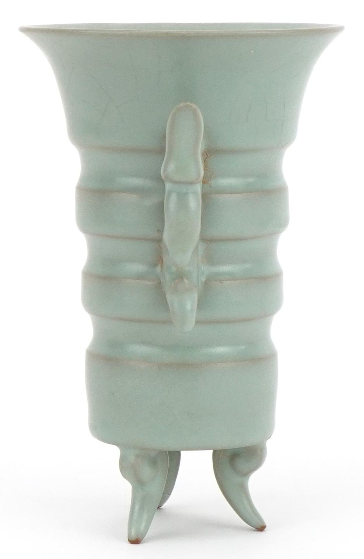 Chinese porcelain tripod vase with twin handles having a celadon glaze, 15.5cm high : For further - Image 2 of 6