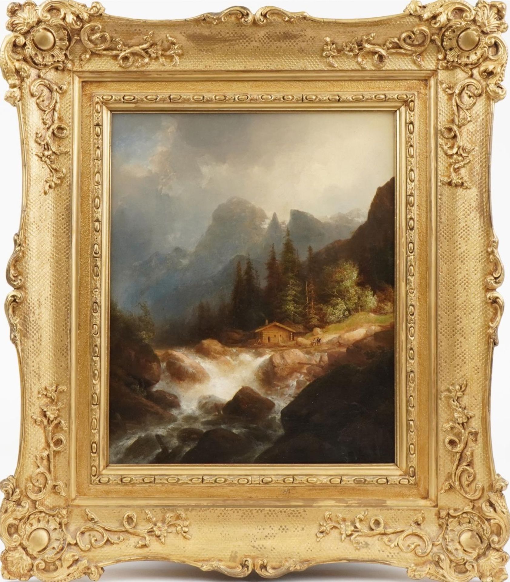 Theodor Verhas - Fisherman beside a waterfall, 19th century Bavarian oil on canvas, details verso, - Bild 2 aus 10