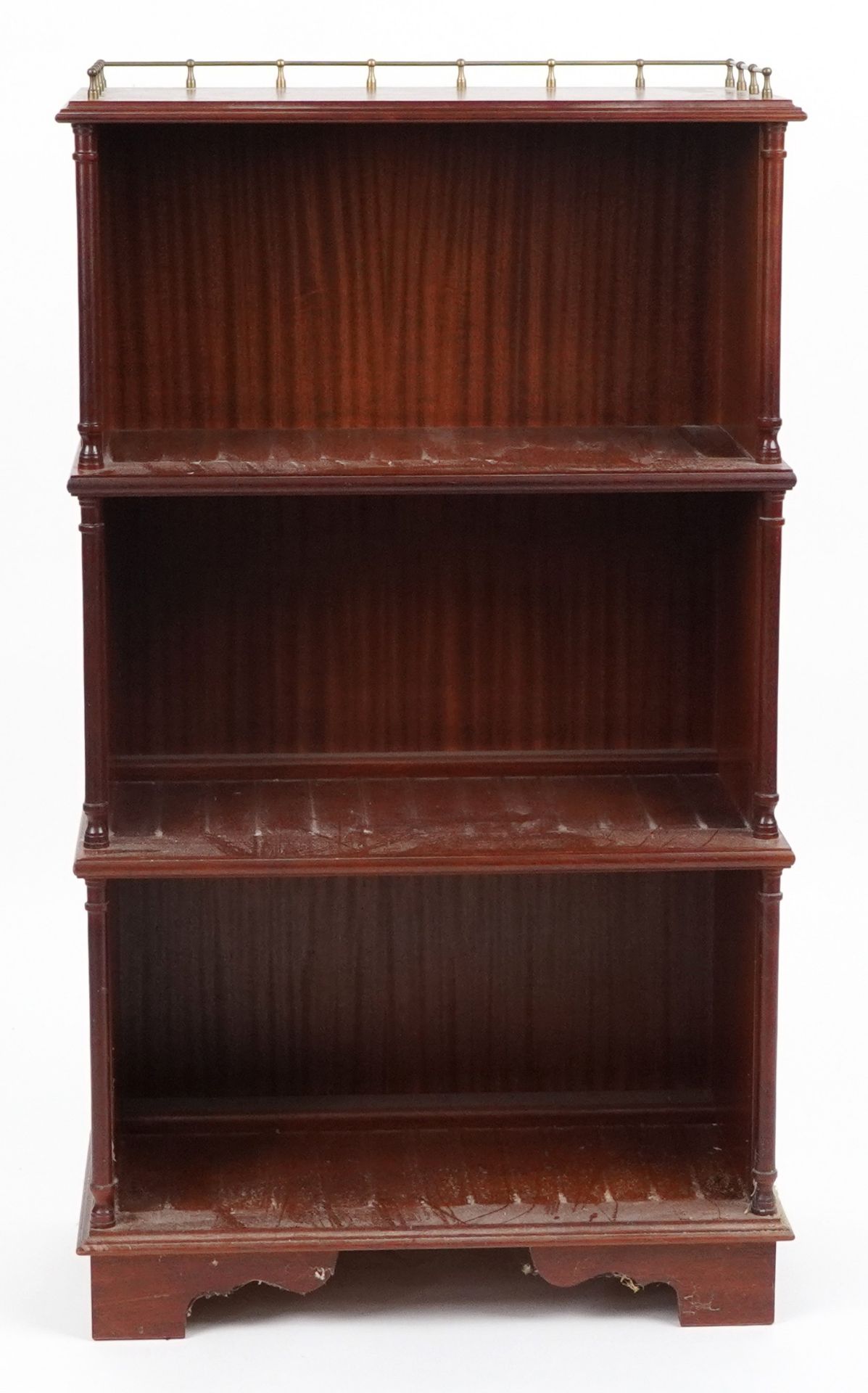 Mahogany four tier waterfall bookcase with brass gallery, 113cm H x 65cm W x 34cm D : For further - Image 2 of 4