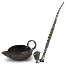 Good quality Indian bronze copper sauceboat with serpent handle and a white metal opium pipe, the