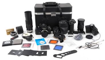 Vintage Nikon F2-S Photomic SLR camera outfit including Nikon Nikkor-SC, Hoya HMC zoom and macro and