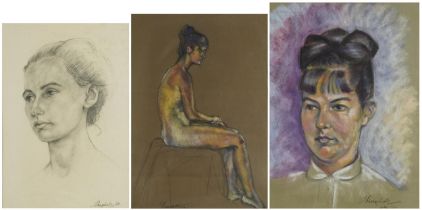 E P Clapholt - Portrait of females including a seated nude, three drawings, one with coloured chalk,