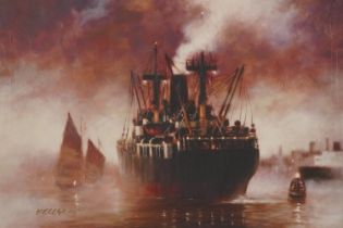 After John Kelly - Ocean Liner in a Storm, giclee print in colour, limited edition 25/195, mounted