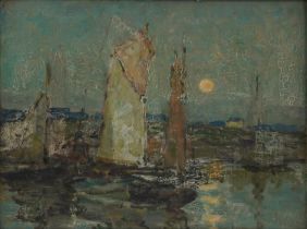 Terrick Williams RA - Concarneau Moonlight, Impressionist oil on board, inscribed The Fine Art