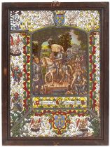 Arts & Crafts Pre-Raphaelite leaded stained glass panel hand painted with Joan of Arc, housed in