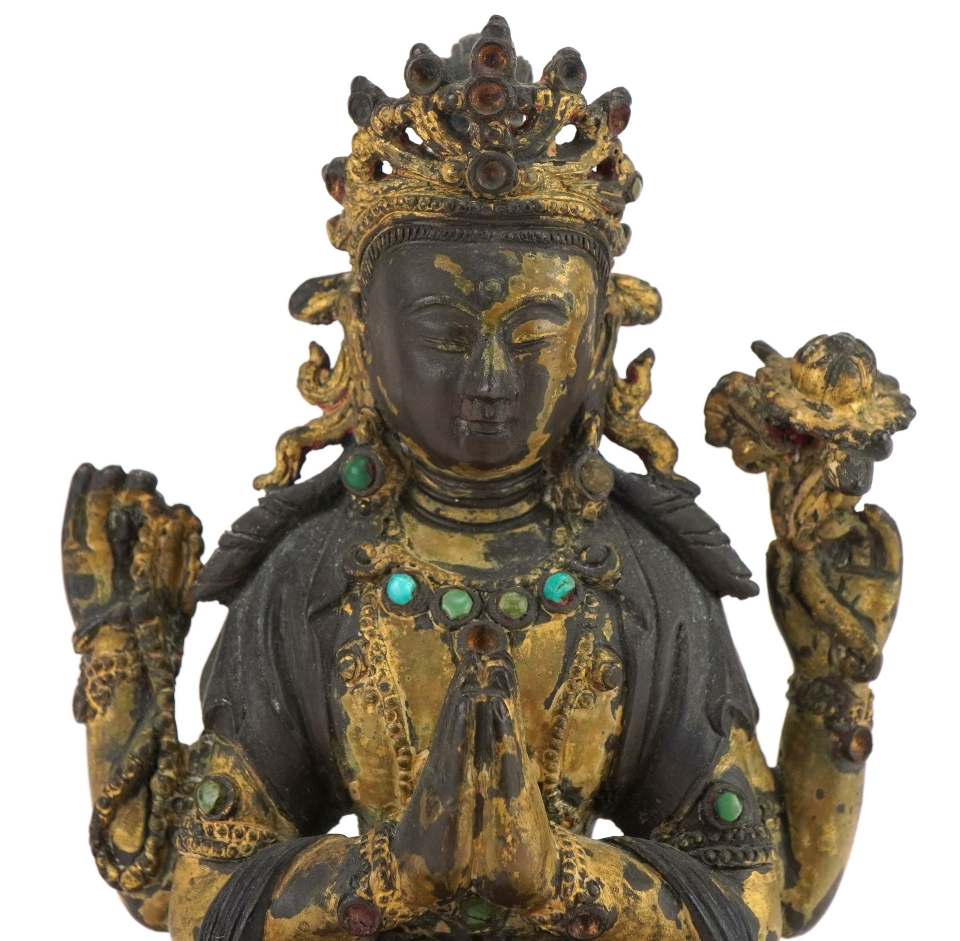 18th Century Chino Tibetan gilt bronze buddha of Sadaksari inset with turquoise cabochons, 16cm high - Image 2 of 10