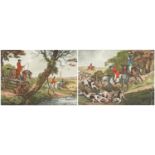 Foxhunting P5 and P6, two 18th century coloured engravings, unframed, each 29.5cm x 27.5cm : For