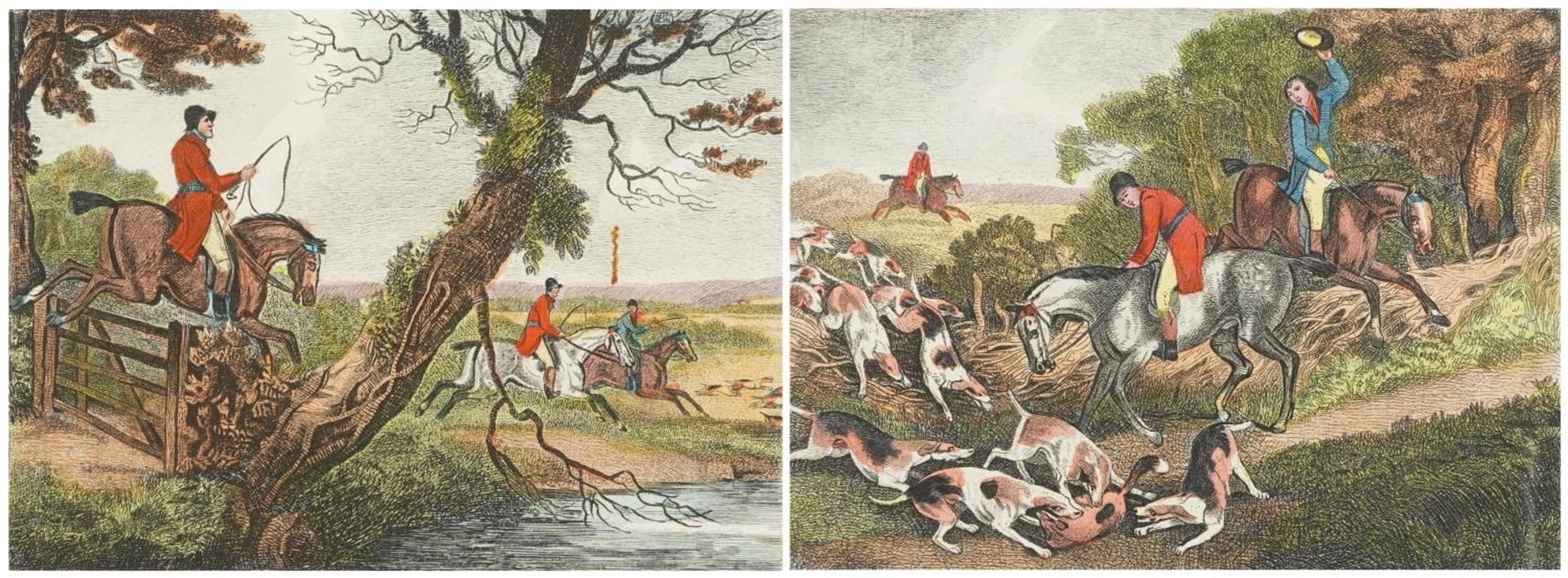 Foxhunting P5 and P6, two 18th century coloured engravings, unframed, each 29.5cm x 27.5cm : For