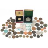 British and world coinage and notes including a silver one pound coin and Festival of Britain
