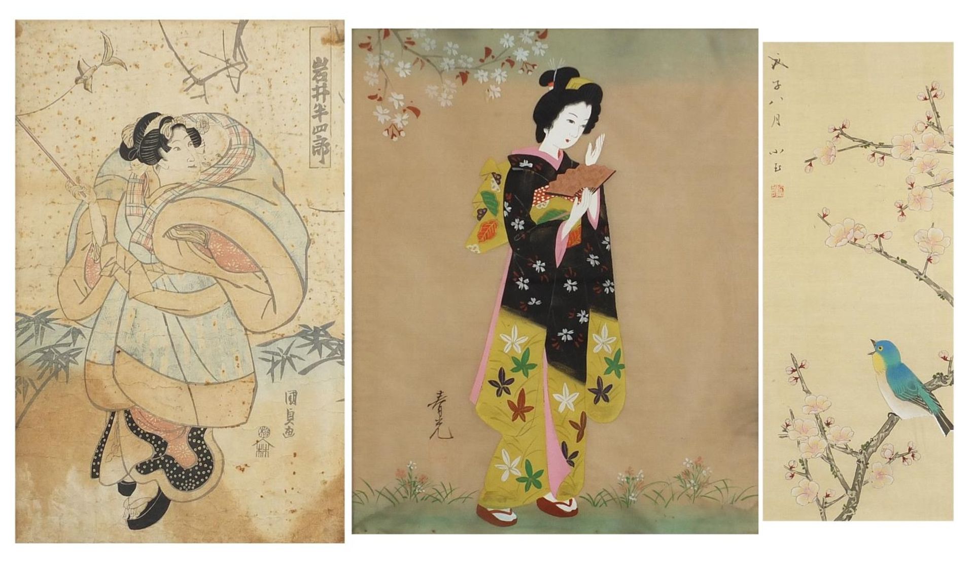 Three Japanese pictures including a wood block print of a mother with child and a watercolour of a