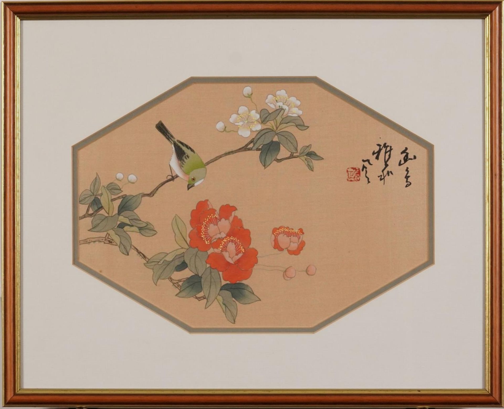 Birds amongst chrysanthemums, pair of Chinese watercolours onto silk with calligraphy and red seal - Image 3 of 12