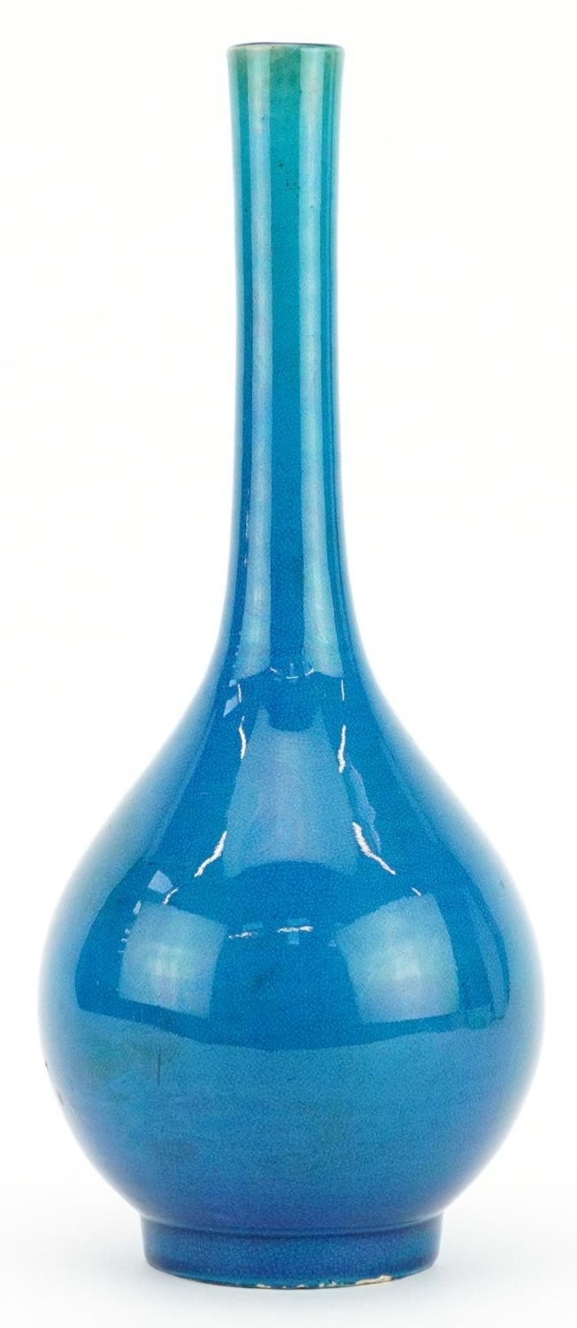 Chinese porcelain long neck bottle vase having a blue glaze, 31cm high : For further information