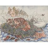 Two cats and insects before mountains, Surreal school heightened ink and watercolour, mounted,