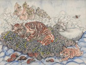 Two cats and insects before mountains, Surreal school heightened ink and watercolour, mounted,