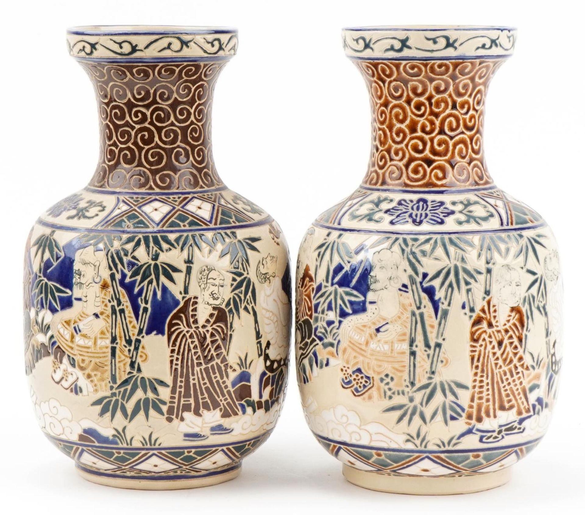 Pair of Chinese porcelain vases hand painted with scholars in landscapes, each 35cm high : For - Image 2 of 6