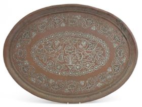 Indian oval glass tray engraved with flowers, 64.5cm wide : For further information on this lot