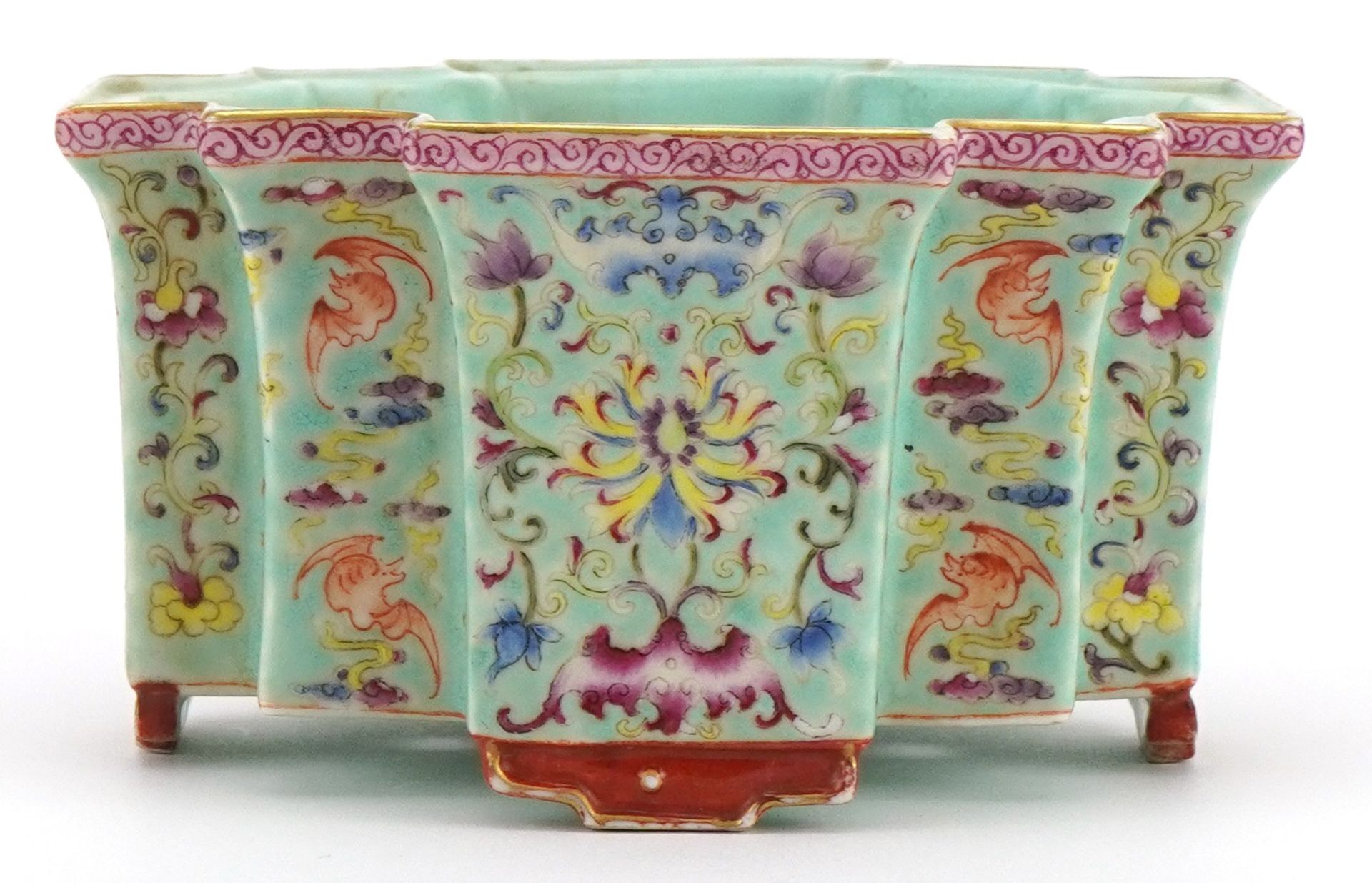 Chinese porcelain four footed planter having a turquoise glaze hand painted in the famille rose - Image 2 of 9