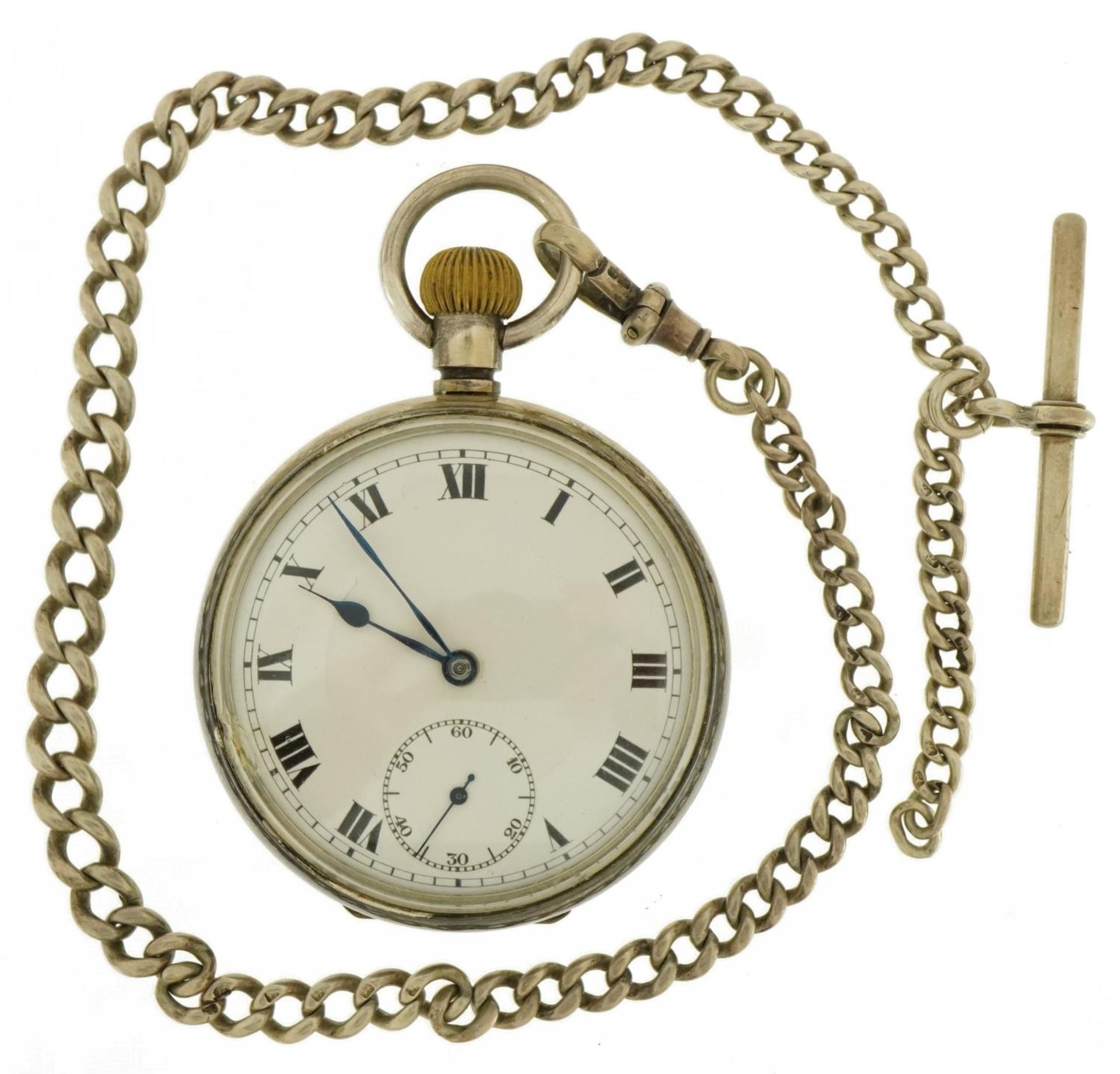 Gentlemen's silver open face pocket watch with enamelled dial on a graduated silver watch chain with - Image 2 of 6