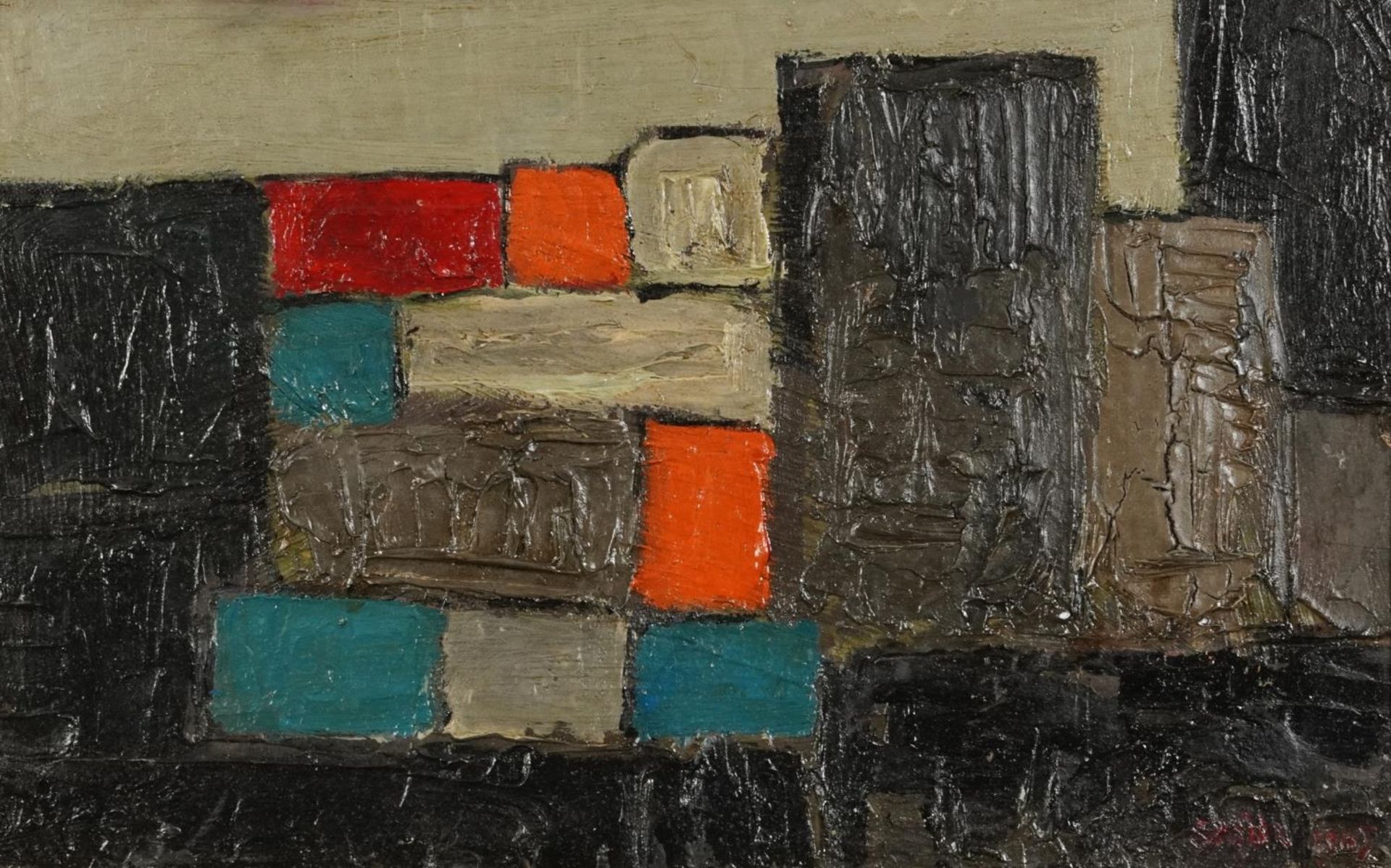 After Robert Sadler - Abstract composition, geometric shapes, military interest Modern British oil