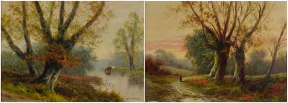 W Thomas - Cattle beside water and figure on path beside woodland, pair of 19th/20th century oil