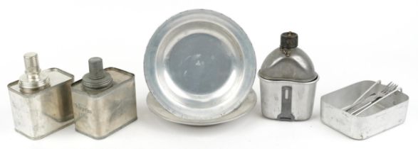 Military interest aluminium metalware including two German slop bowls with impressed eagle and
