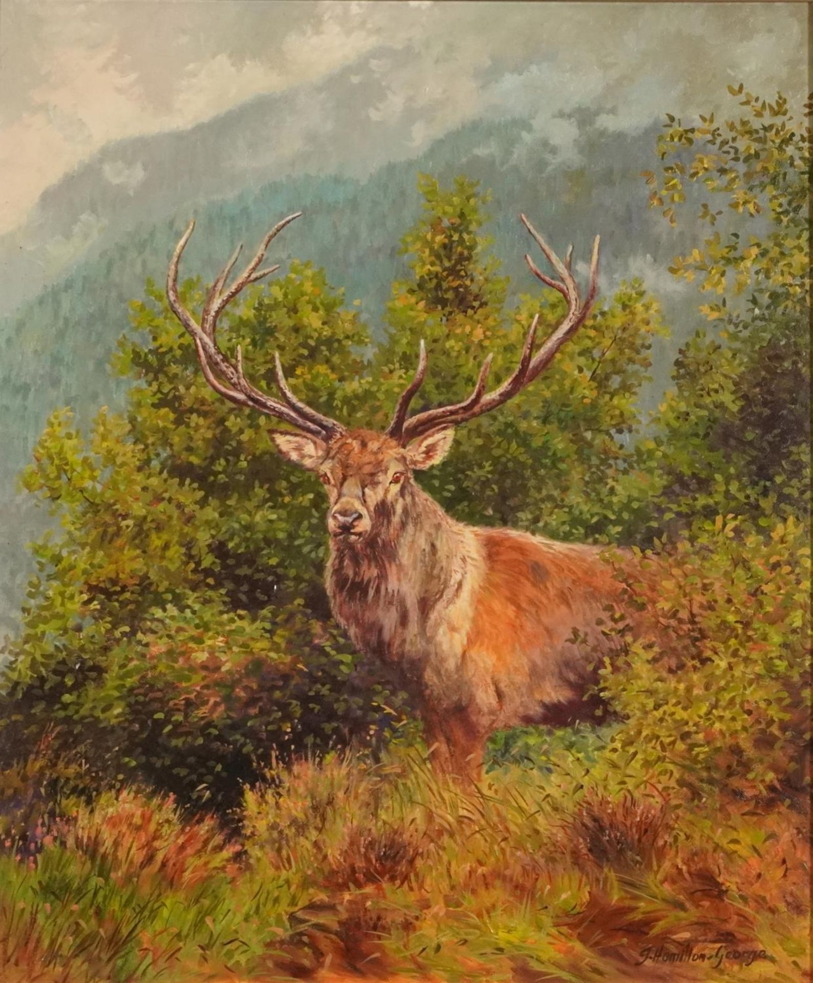 J Hamilton-George - Stag in a landscape, oil on canvas, mounted and framed, 60cm x 49.5cm
