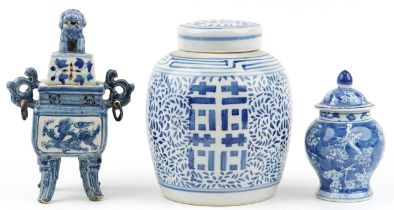 Chinese blue and white porcelain porcelain including four footed koro with ring turned handles and