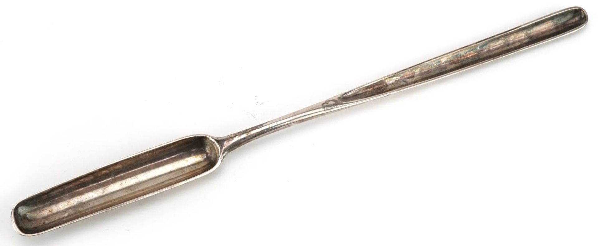Antique silver double ended marrow scoop, indistinct hallmarks, 23cm in length, 40.0g : For