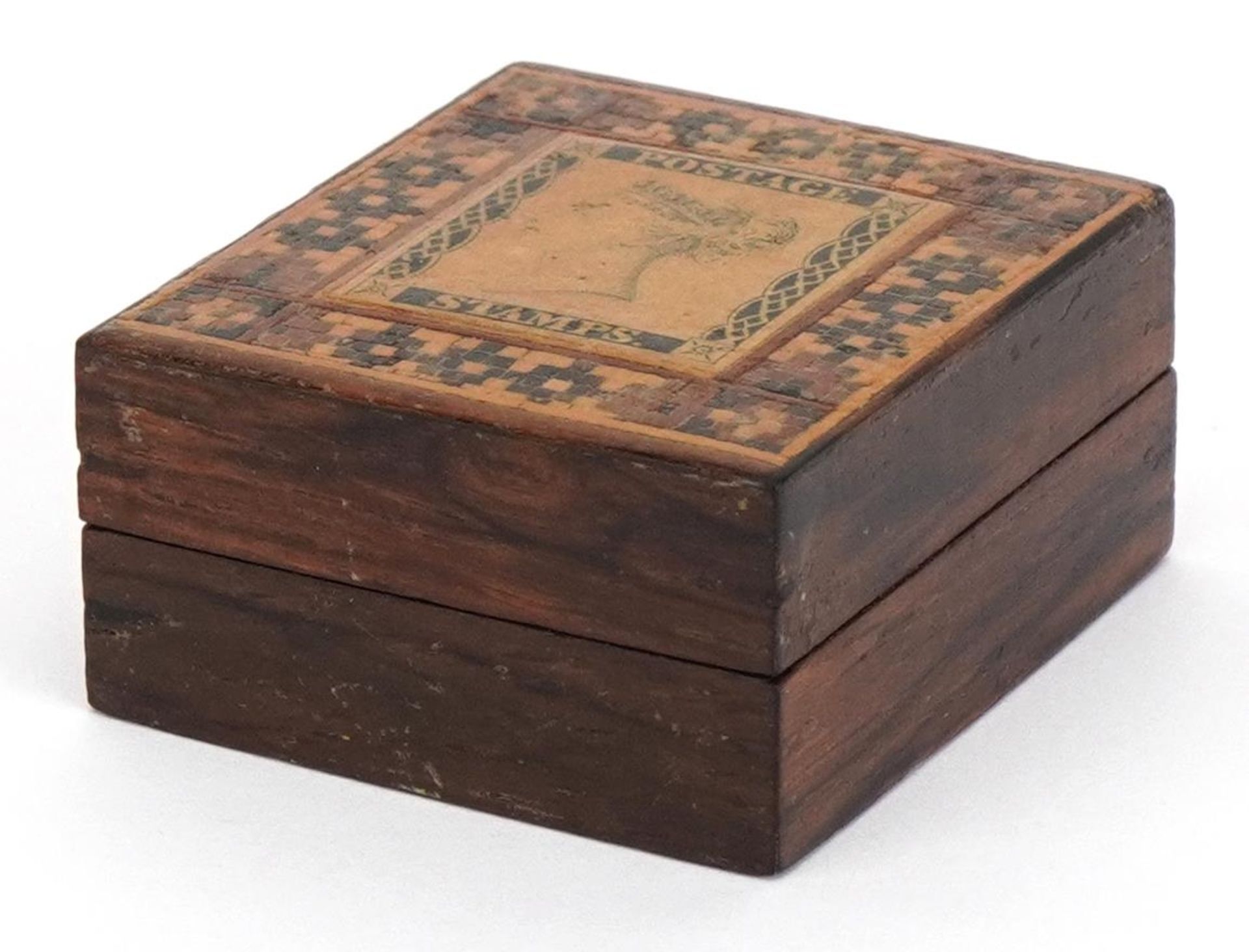 Victorian Tunbridge Ware inlaid rosewood stamp box, 2cm H x 3.5cm W x 4cm D : For further