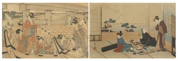 Geishas and scholars, two Japanese watercolours with calligraphy and seal marks, each mounted,