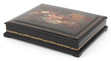 Good 19th/20th century Russian lacquered box with twin divisional interior and hinged lid finely