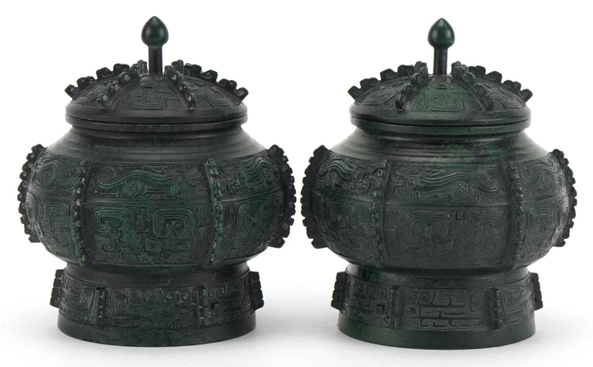 Pair of Japanese verdigris bronze archaic style vessels and covers, character marks to the bases,
