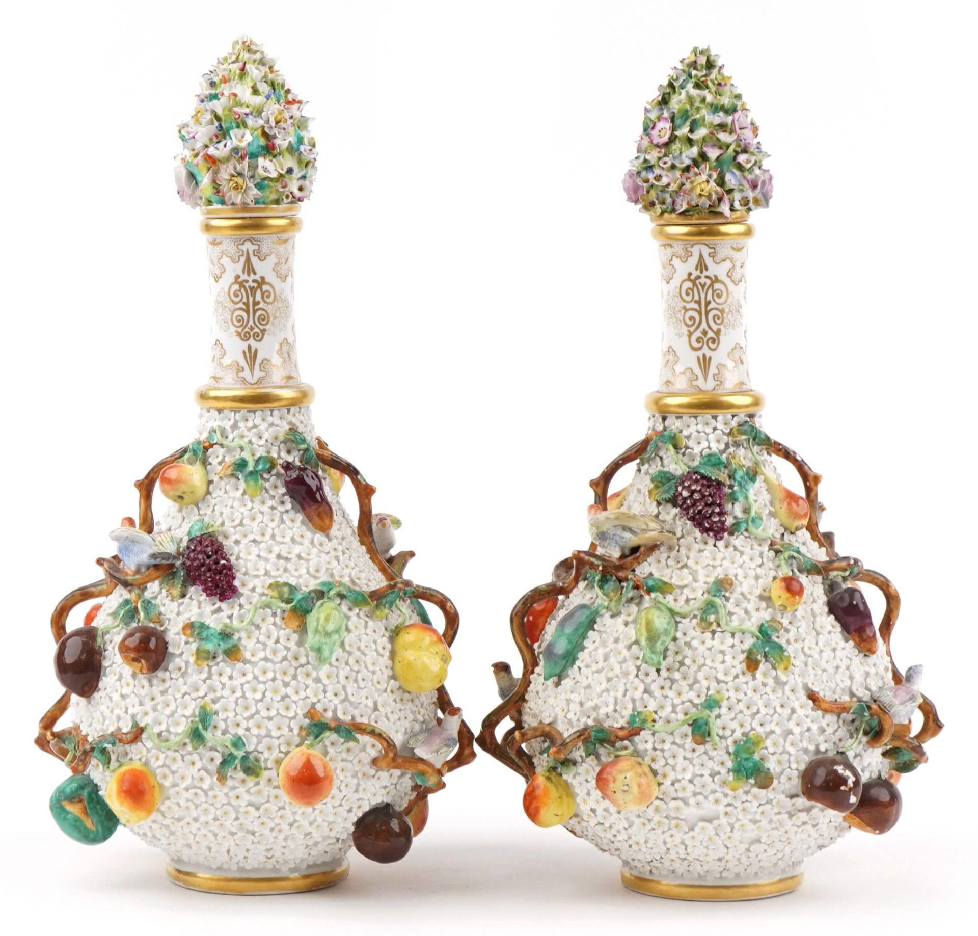 Meissen, large pair of 19th century German floral encrusted bottles with stoppers decorated in - Image 4 of 13
