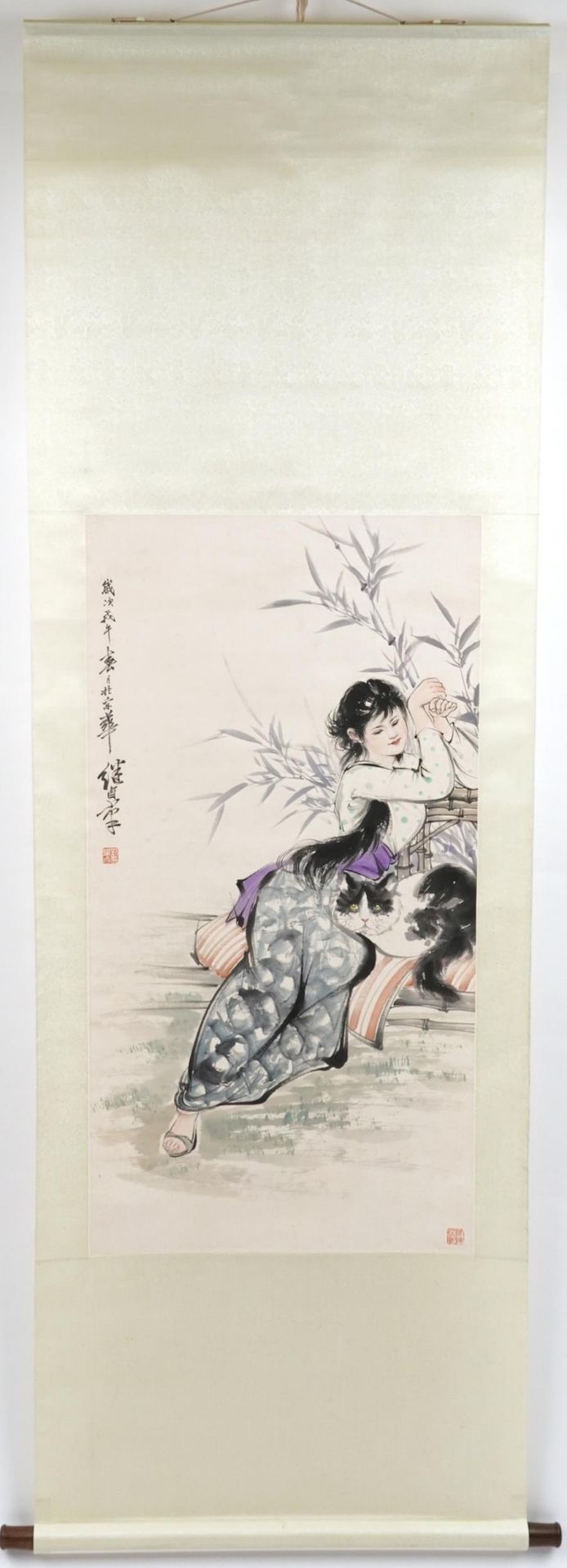 Young female with her cat, Chinese watercolour scroll signed with red seal marks and calligraphy, - Image 2 of 5