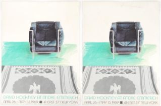 Two Vintage David Hockney Corbusier chair and rug New York Exhibition posters, each printed 1969