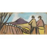 Manner of Markey Robinson - Potato pickers, Irish school watercolour on card, unframed, 42.5cm x